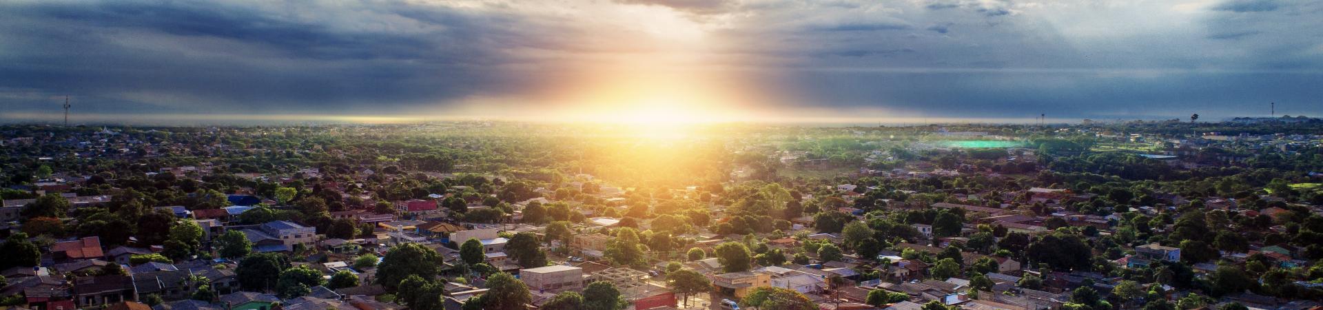 Aerial view of a community at sunset