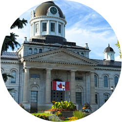 Picture of municipal building with Canadian flag in the centre